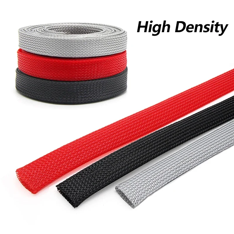 1/5/10M PET Expandable Cable Sleeve 2mm ~ 60mm Tight Braided High Density Insulated Line Protection Wire Wrap Sheath Black Red