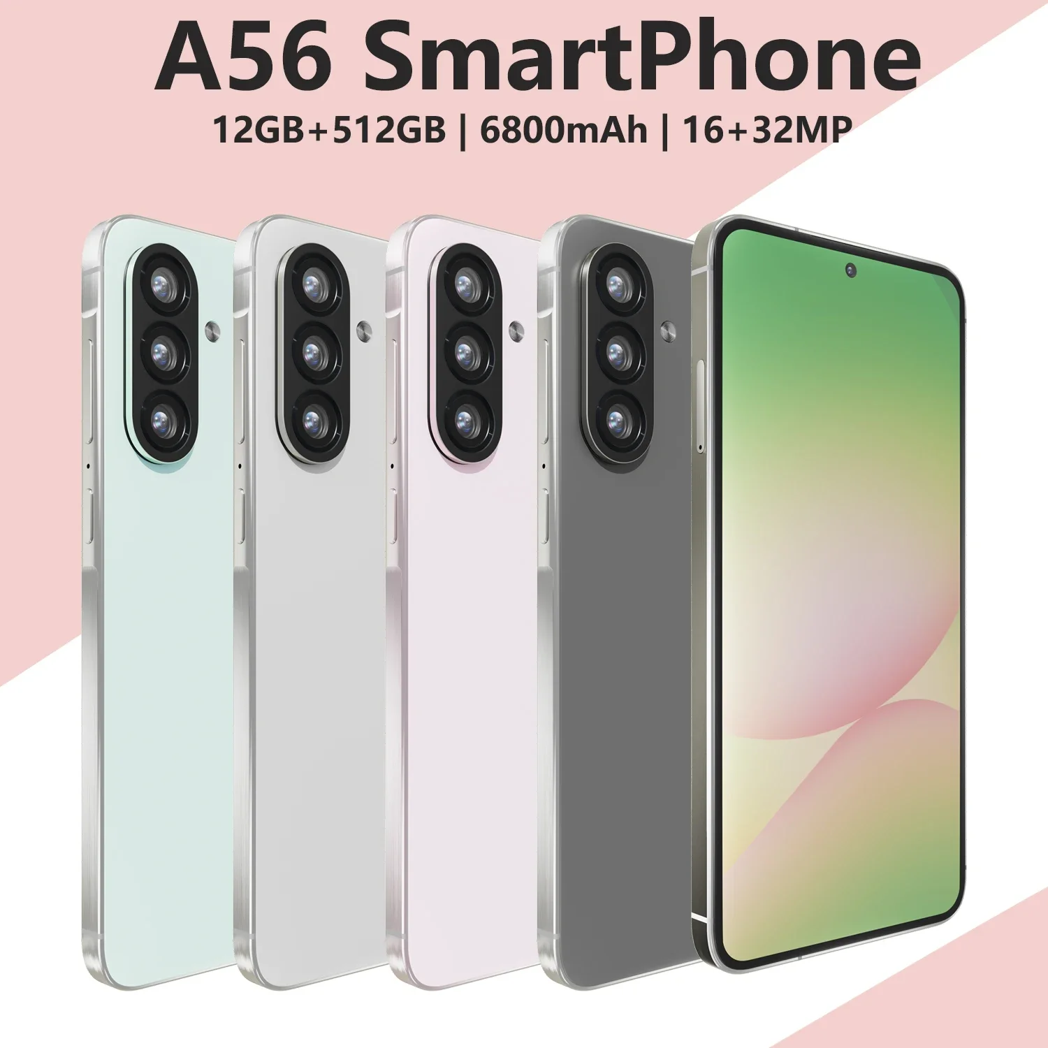 Global Version A56 Smartphone Android,6.8 inch,12GB RAM,512GB ROM,Dual SIM,Mobile phone,Google Play Store,16+32MP,6800mAh