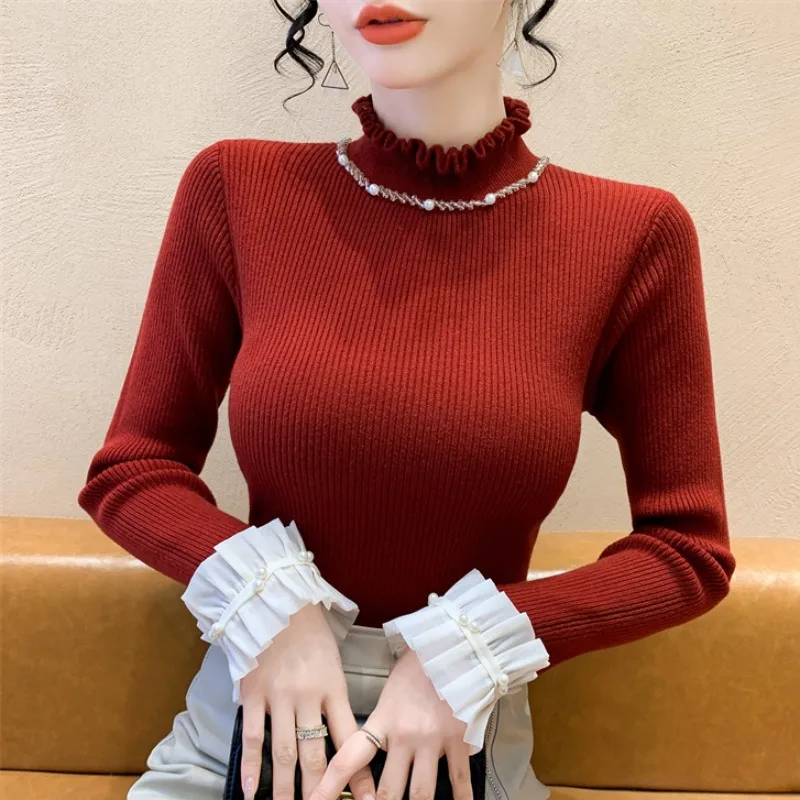 

2025, новинка, европейская, одежда, вязаный, свитер, женский, шикарный, сексуальный, макет шеи, пэчворк, оборки, блестящий, бисер, длинный рукав, тонкий, топы, 51032