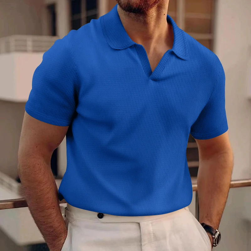 24 cross-border European and American summer AliExpress Amazon new polo shirt lapel V-neck waffle short sleeve men's T-shirt image 4