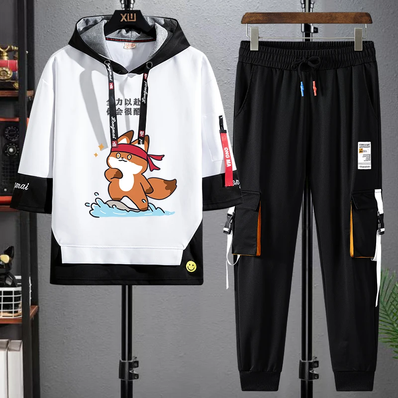 

New Summer Five-Quarter Sve Hooded Casual Two-Piece Set Teenage Sports Long Pants Suit Polyester Fiber T-irt And Pants Set