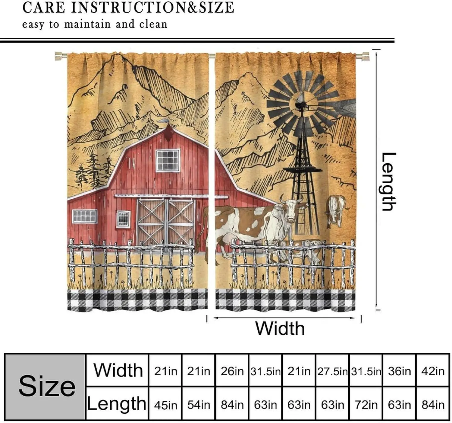 Farmhouse Farm Rustic Vintage Curtain Country Cow Barn Buffalo Checked Windmill Window Drapes for Bedroom Living Room Kitchen