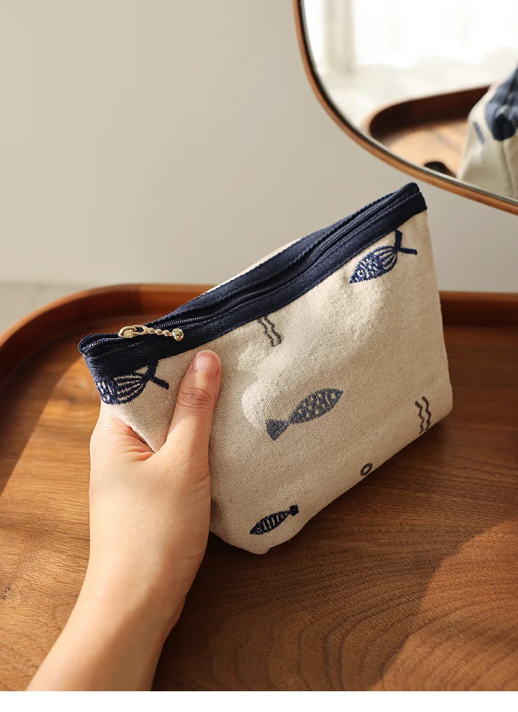 Bestickte Kosmetiktasche im Literarischen Stil, Einfache Aufbewahrungstasche, Tragbare Reise-Make-up-Tasche mit Reißverschluss, Ethnischer Stil, Handgefertigte Mittelgroße Tasche – Detail 7