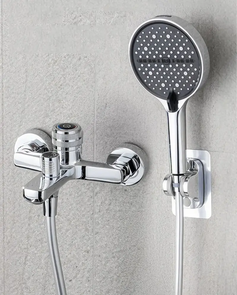 Pressurized Shower Faucet Wall Mounted Hot Cold Water Dual Spout Mixer Tap Push Button Switch For Bathroom Splitter Shower Basin