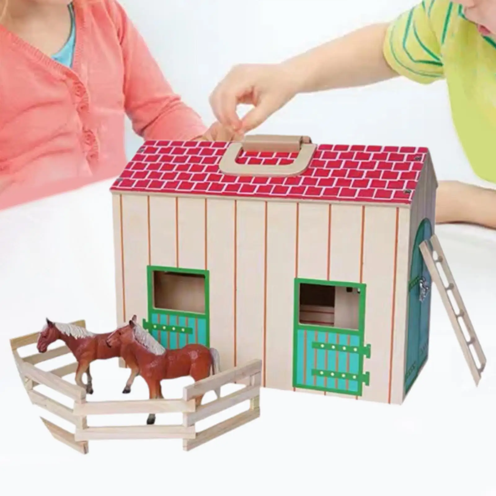 Wooden Stable Playset with Toy Horses Micro Landscape Gifts Horse Barn Play Set Stable Farm House Model for Boys Girls Kids