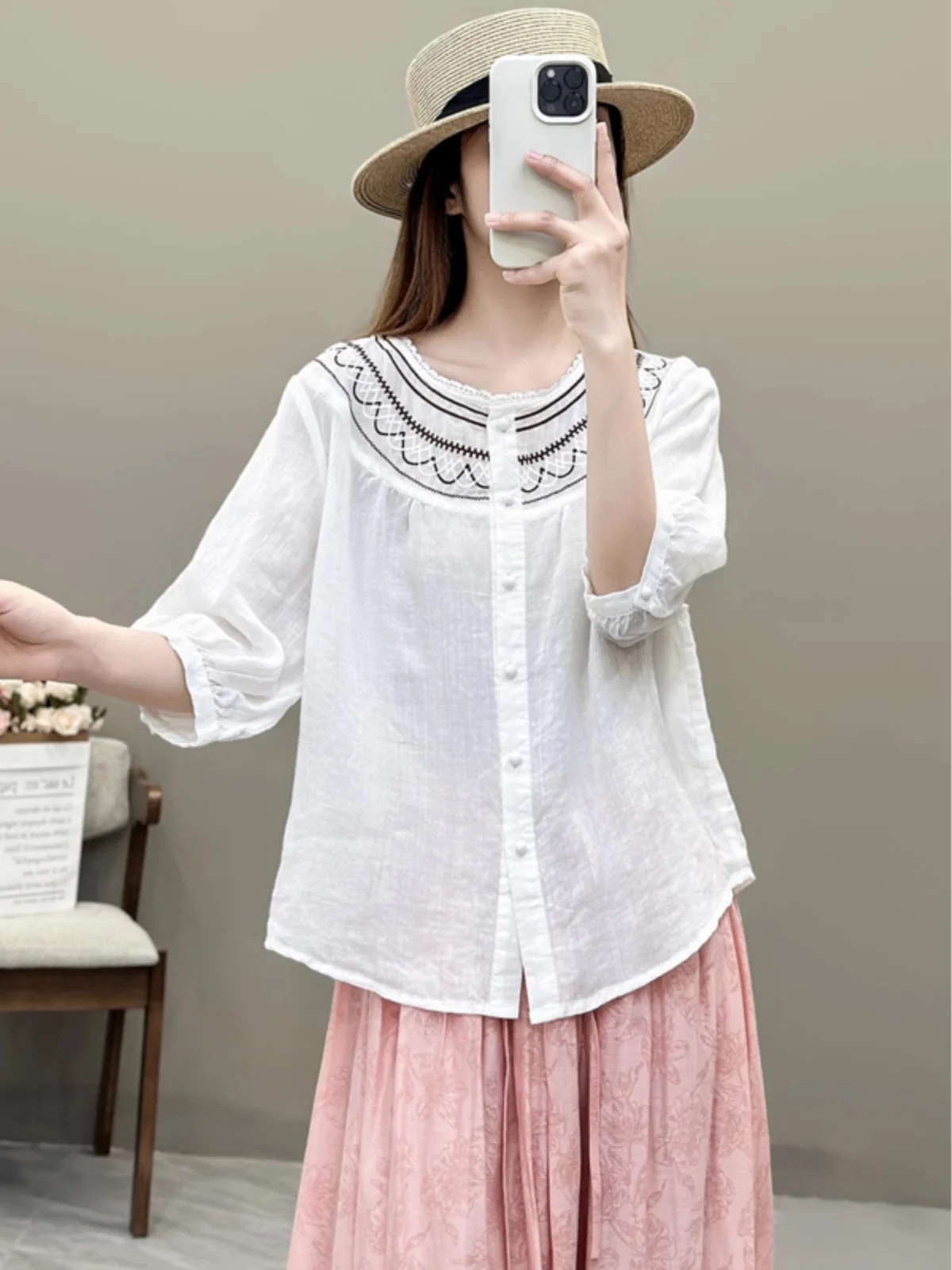 الفني القطن الكتان المطرزة irt رقيقة f Sve الدانتيل طوق حجم كبير المرأة الصيف أعلى عارضة فضفاضة تناسب irt