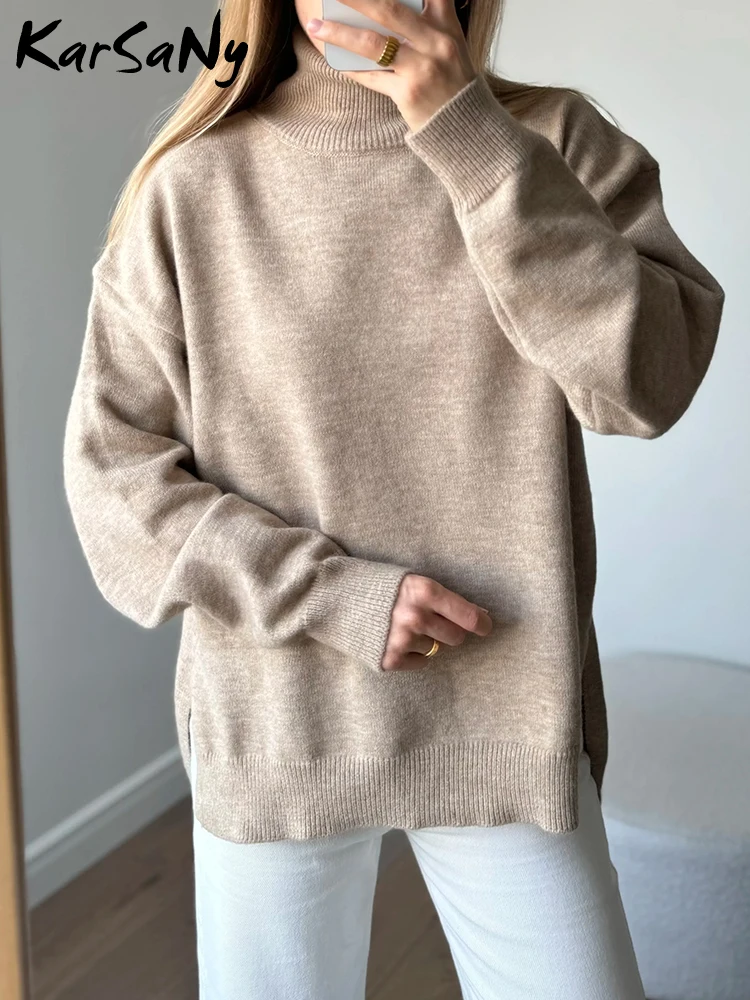 Warm Autumn Turtleneck Sweaters For Women Oversize Solid Pink Pullover Women\'s Sweater With Split Side Oversized Sweaters Woman