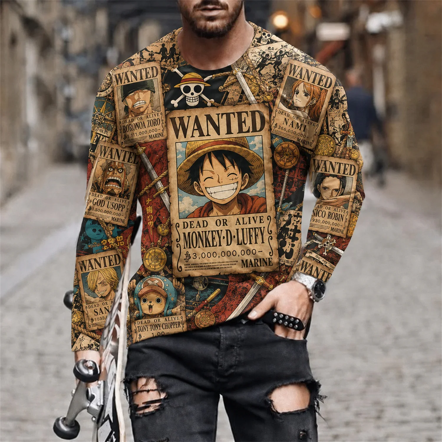 One Piece Luffy Anime T Shirt Man Streetwear Casual Autumn Spring Cosplay Long Sleeve Base Layer Tops  Tee Shirts FamilyMatching