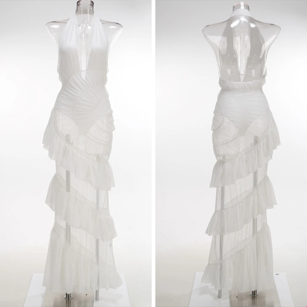 ชุดเดรสยาวแบบมีระบายชั้นๆ ผ้าทูลล์เนื้อบางเบา คอวีลึกแบบเซ็กซี่ สายคล้องคอ เปิดหลัง แต่งระบาย ผ้าตาข่ายโปร่งแสง ดีไซน์แอมโมไนต์  ชุดราตรีหรูหราสำหรับงานพรอมหรืองานเลี้ยงตอนเย็น