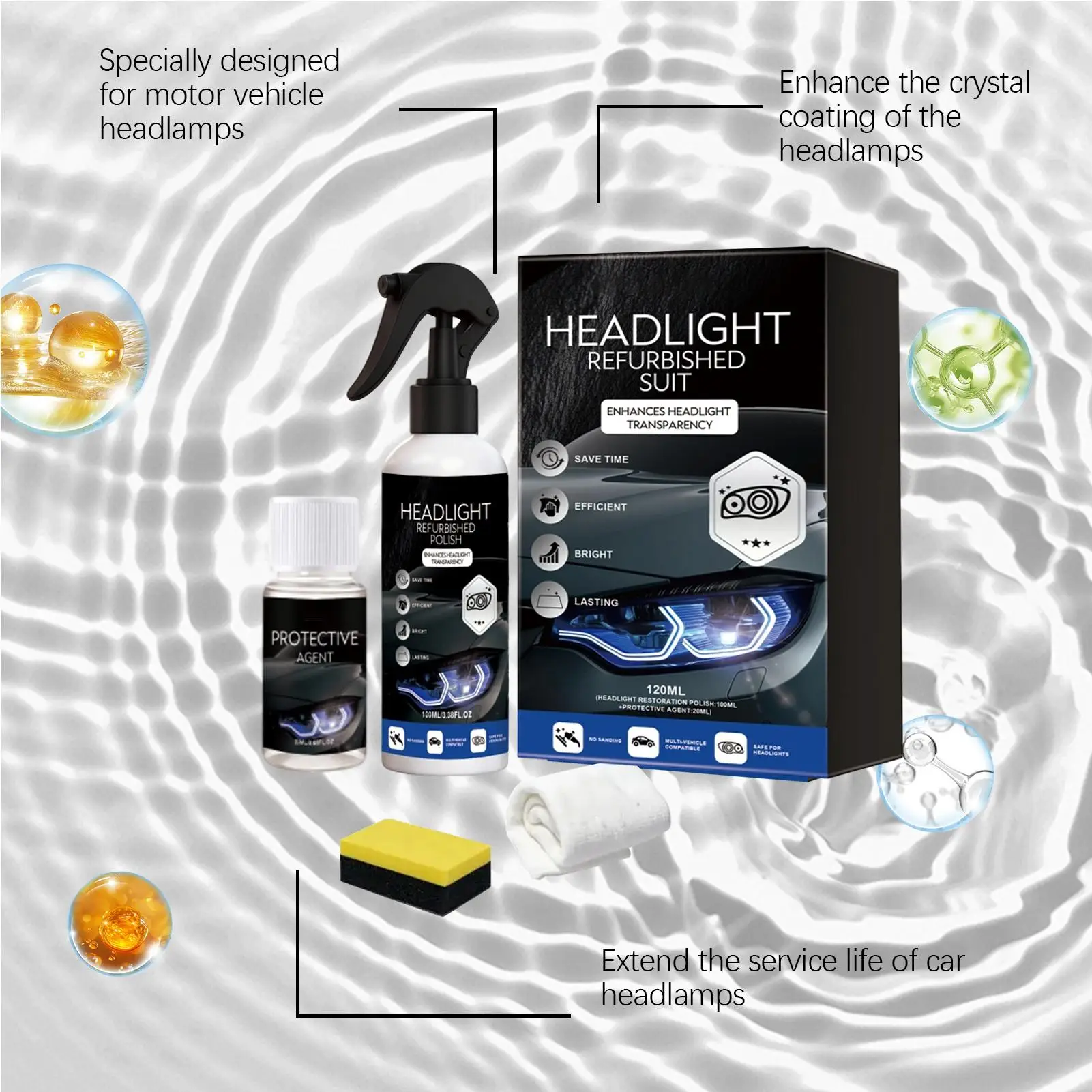 Car Headlight Restore Stain Scratch Removal With Sponge And Towel Automotive Headlamp Restoration Fluid For Truck SUV Motorcycle image 4