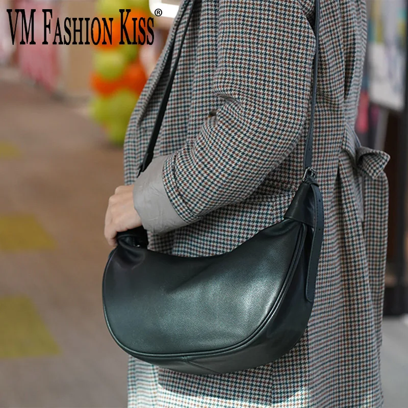 VM FASHION KISS Original Cow Bag Casual Half Moon Shoulder Bag Ladies Crossbody Women Real Leather Underarm Handbags 2024 New