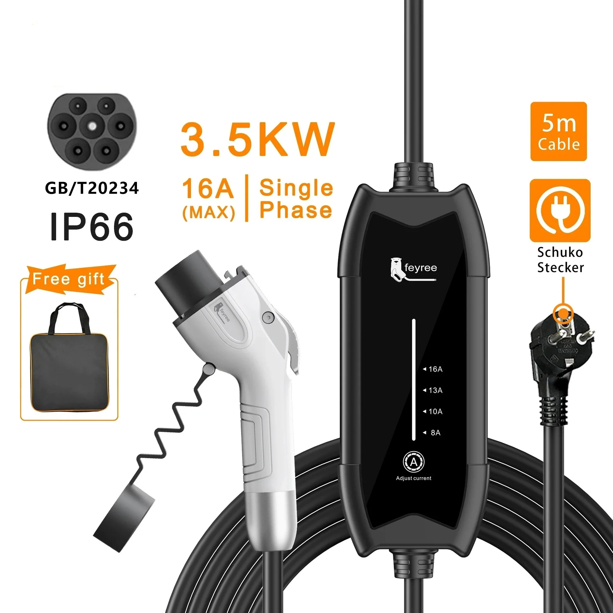 

Портативное зарядное устройство GB/T-TypeA 3,5KW16A EV, регулируемый ток, кабель 5 м, зарядная станция, 1 фаза, вилка европейского стандарта, IP66 для электромобиля