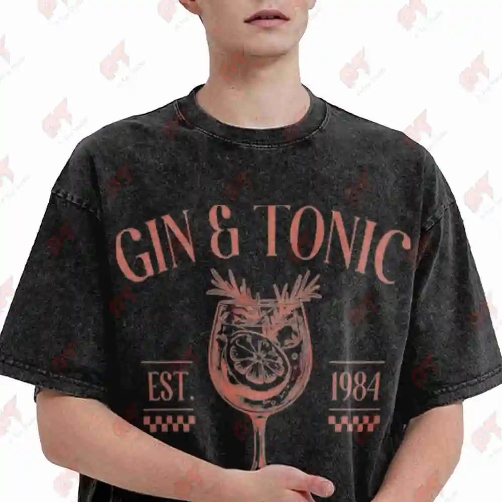 Gin Tonic Cocktail Club Summer Vibes Vintage Washed Tee Pure Cotton T-Shirt