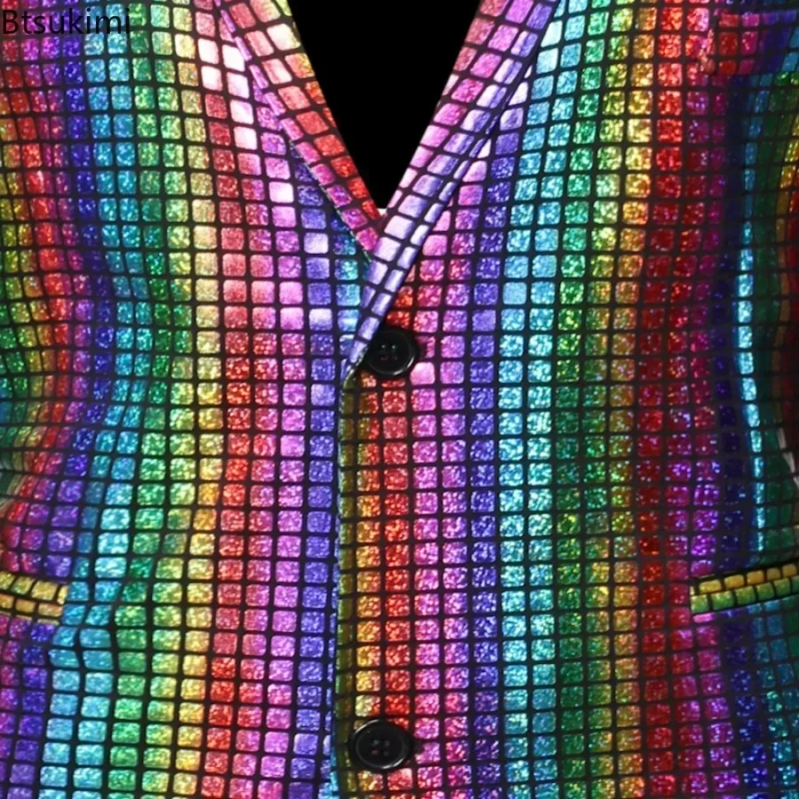 Männer Bühne Prom Anzüge Sets Gold Silber Regenbogen Plaid Pailletten Jacke und Hosen Sets Abendessen Kleidung Disco Party Kleidung für Männer