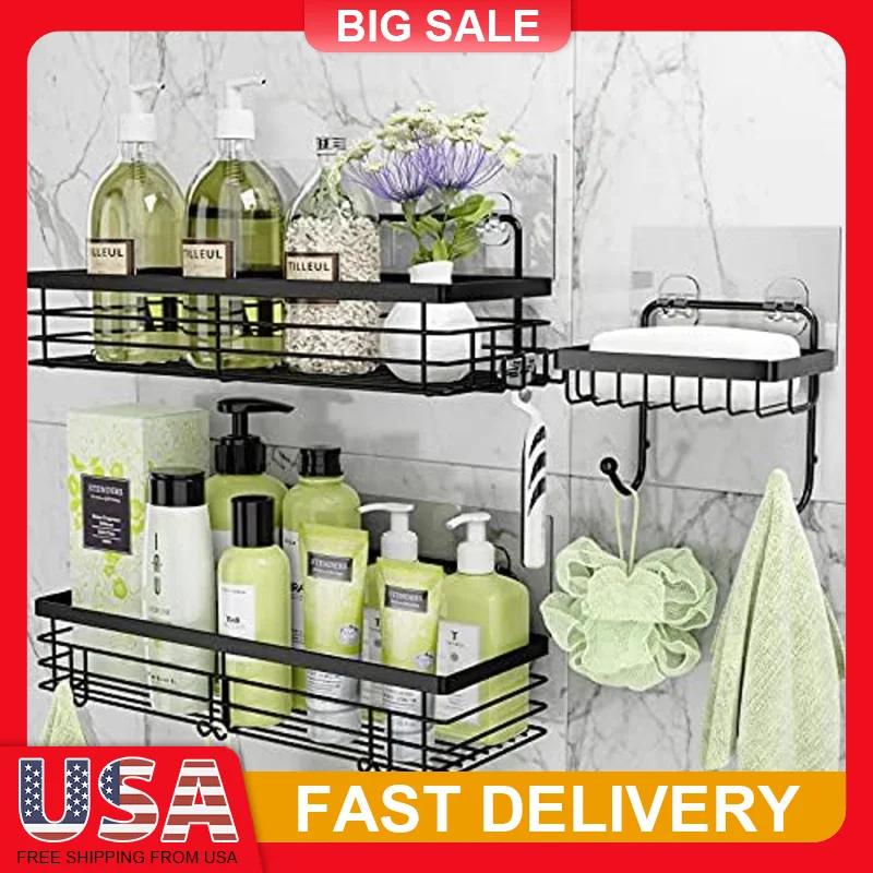

3pcs Stainless Steel Shower Caddy with 5 Hooks Adhesive Bathroom Organizer Rustproof Soap Dish Holder Wall Mounted Storage Rack