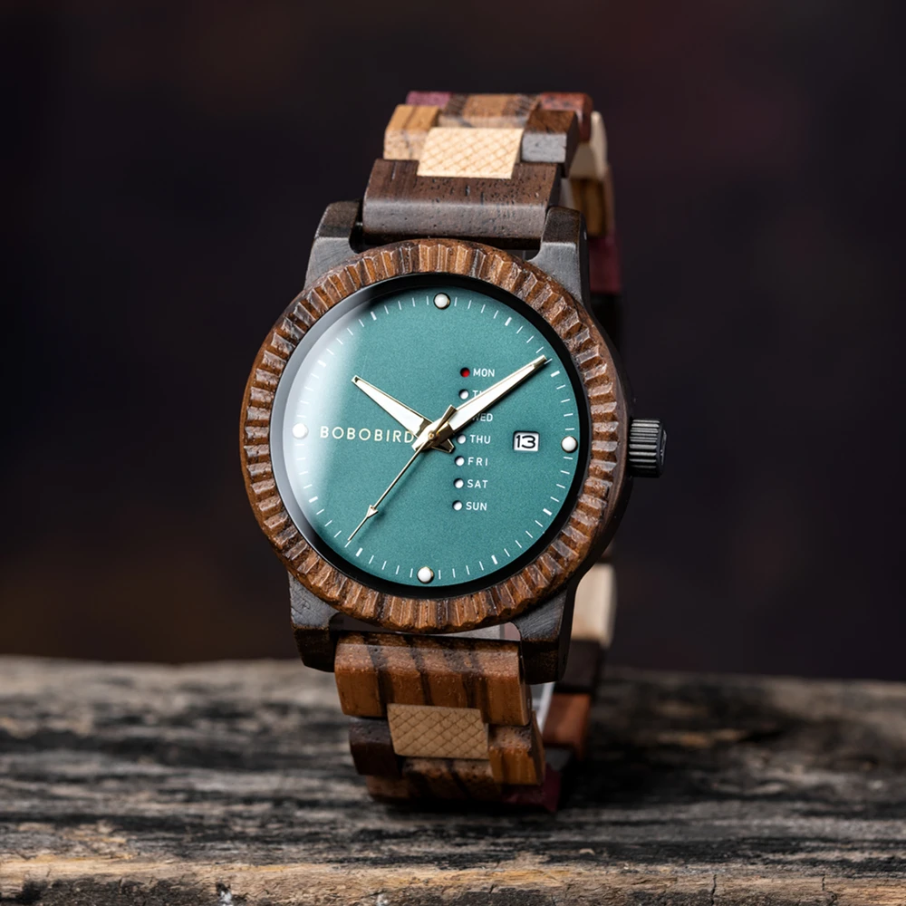 Customized Men's Watch BOBO BIRD Wooden Quartz Watch Week & Date Display With Wooden Gift Box Dropshipping