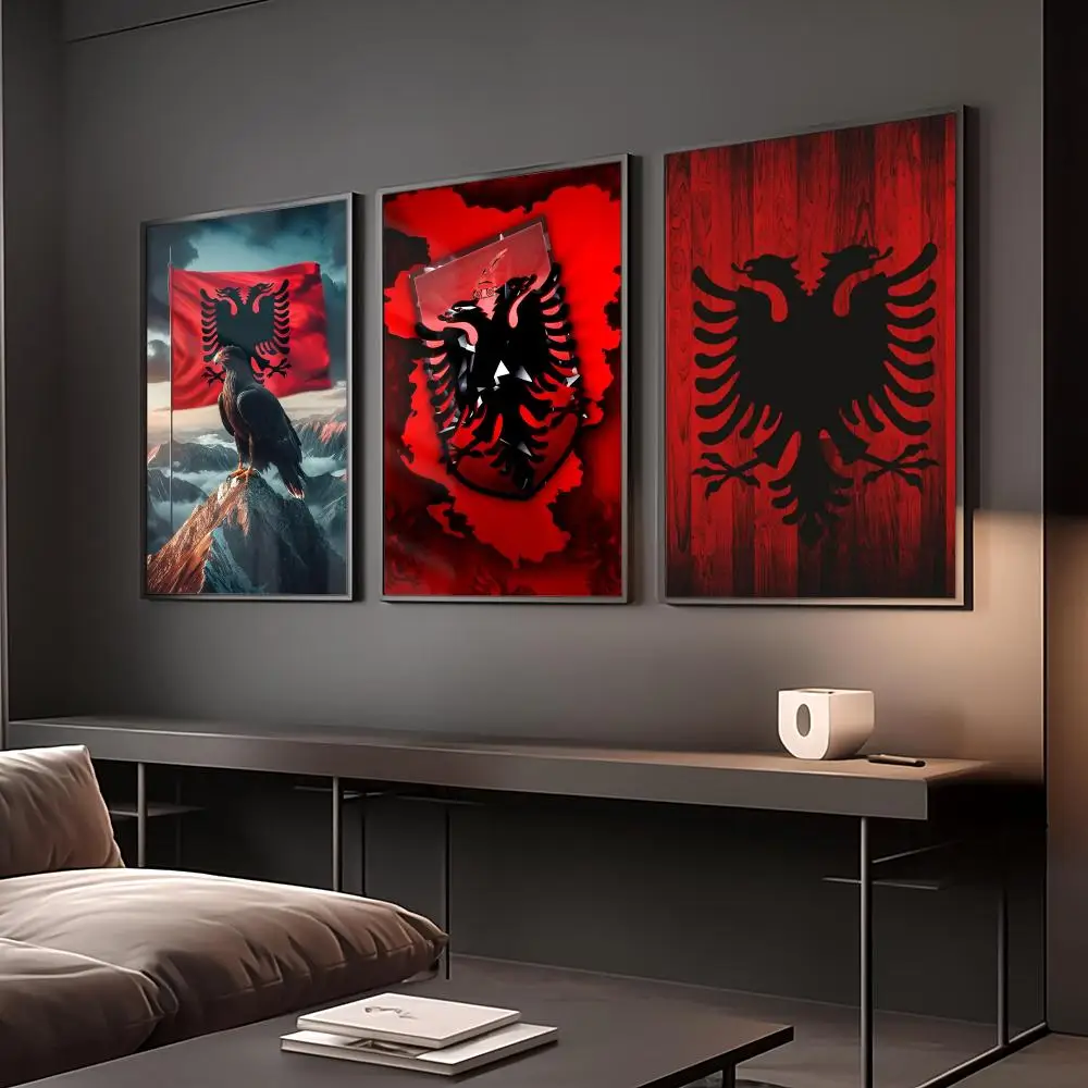 Luxury A-Albania Flag Painting Calligraphy Anti Wrinkle Canvas Poster Wall Art Home Decor for Living Room