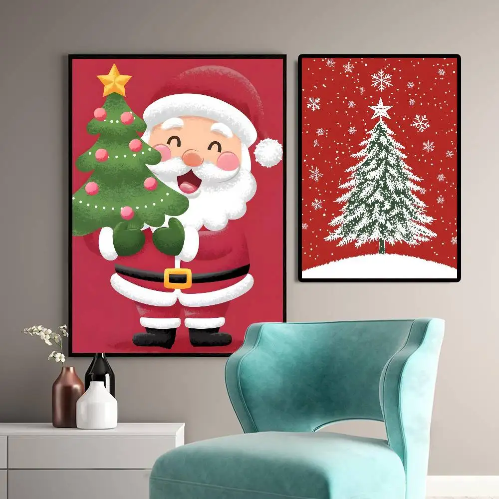 Santa Claus And The Christmas Tree Poster Art With Prints Home Bedroom Living Room Decoration Gift