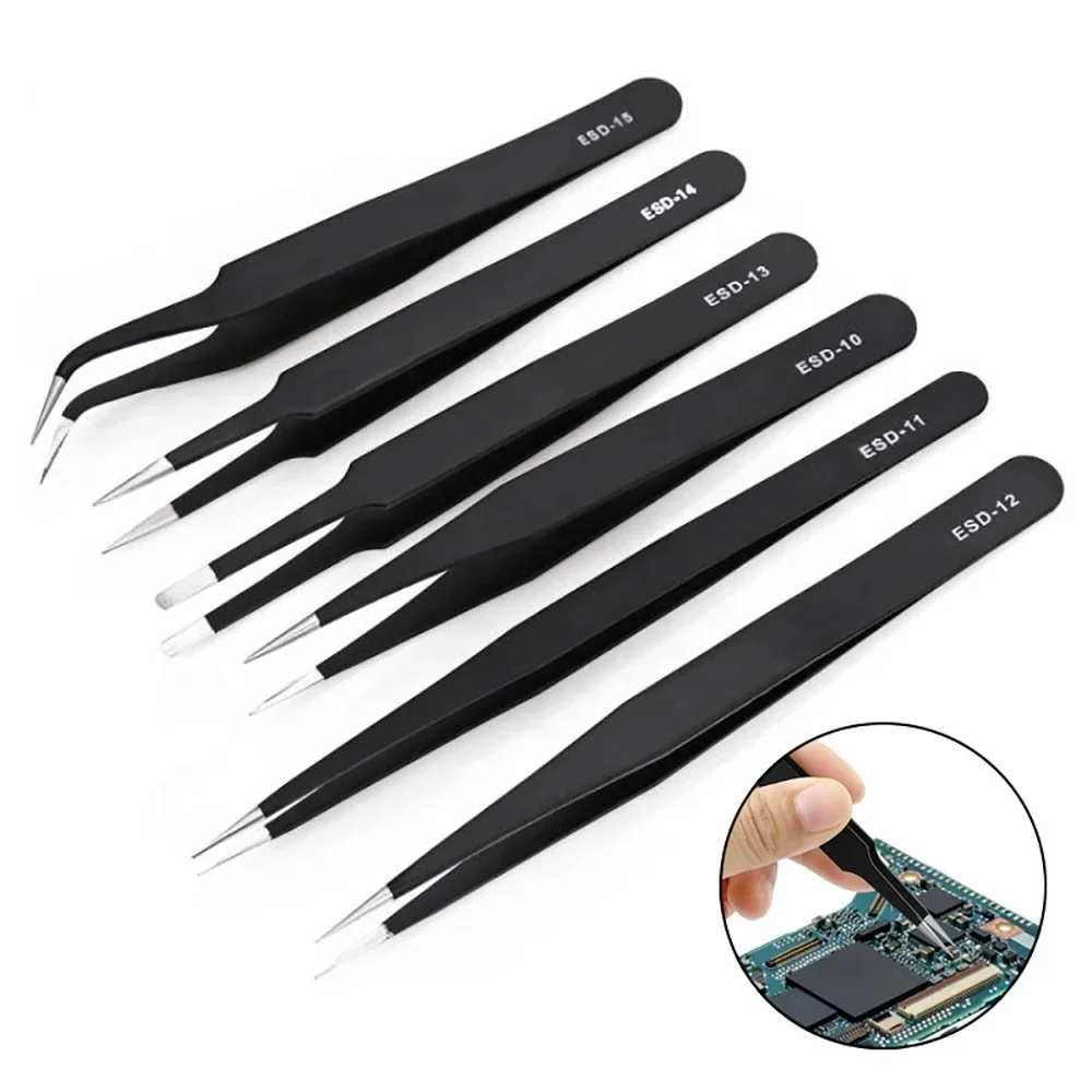 6pcs Stainless Steel Anti-static Precision ESD Tweezer Non-slip Grip Durable Tweezer Tools for Electronics Repair Jewelry Making