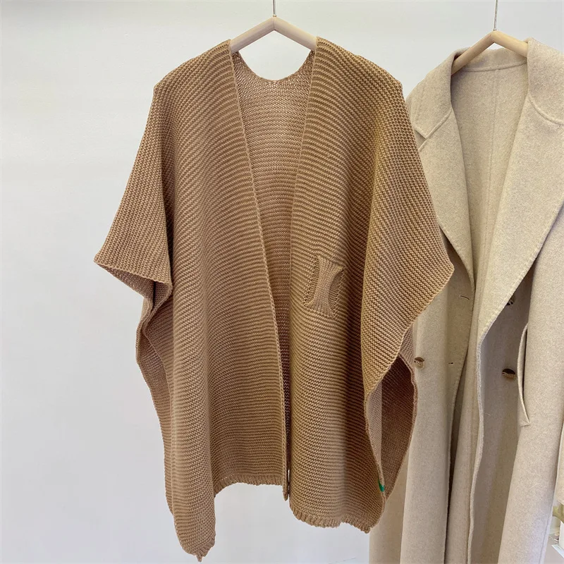 Poncho Knitted Cloak with Warm Neck Protection and Imitation Cashmere Scarf for Women's Spring Autumn Office Capes