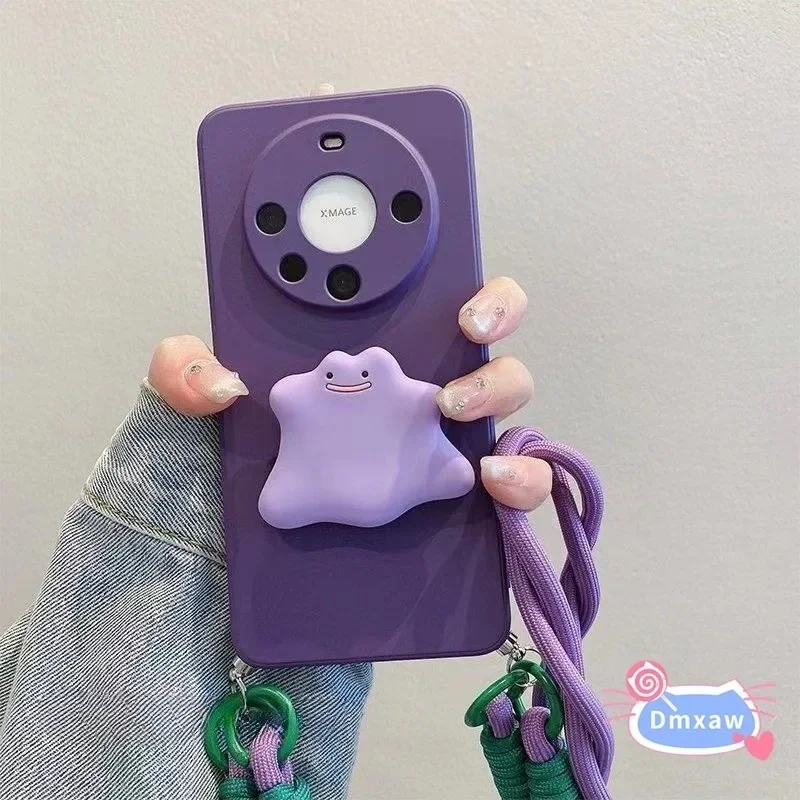 

For Huawei Pura 70 Pro P60 P50 P50E P40 P30 Pro Mate 60 50 40 30 Pro Phone Case Purple Monster Stand Holder Cover + Lanyard