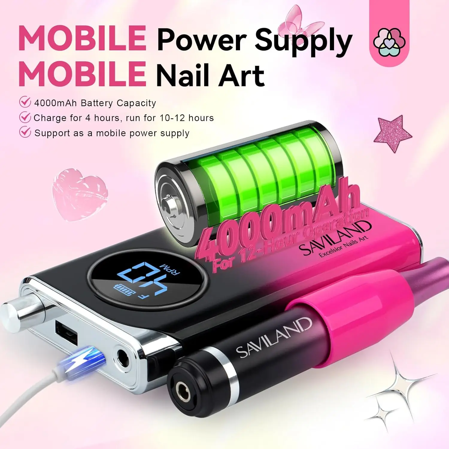 전문가용 전동 네일 드릴: 40000RPM, 4000mAh 배터리로 충전식, 매니큐어 및 아크릴 제거용 세라믹 비트