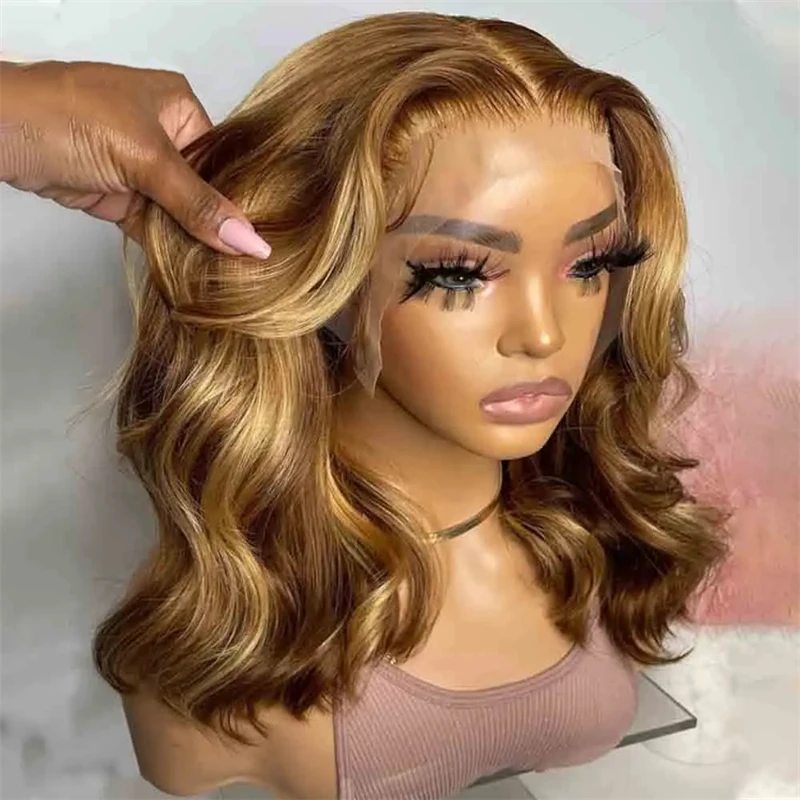 Short Bob Ash Blonde Lace Frontal Wig 100% Human Hair Brown Highlight 13x4 Water Wave HD Lace Front Human Hair Wigs For Women