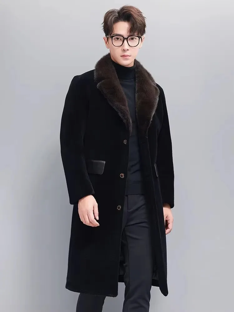 Business Casual Winter New Mens Real Wool Long Coat Lapel Single Breasted Warm Down Jacket Fashion Men Sheep Shearing Overcoat