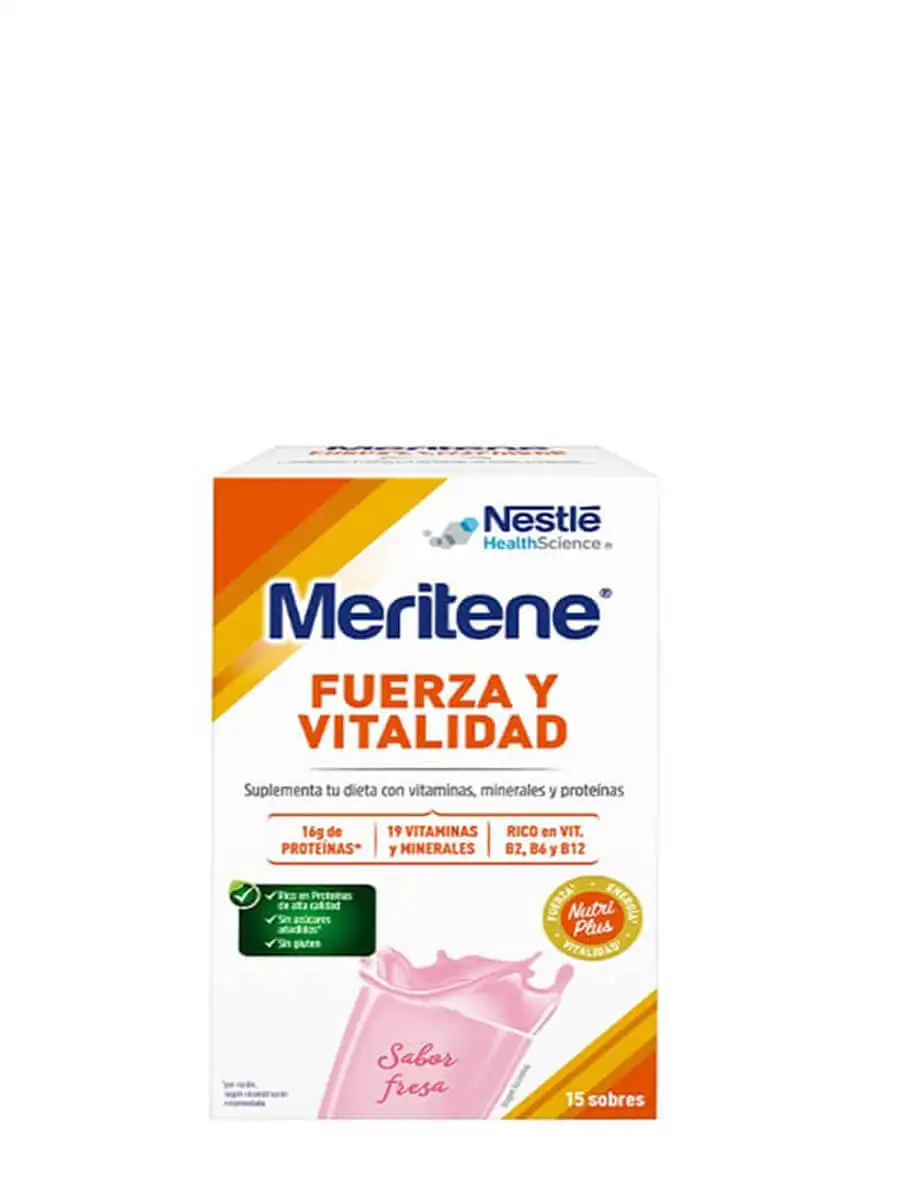 Meritene strength and vitality strawberry flavor 30 gr 15 sachets x 30gr-food supplement in strawberry shakes