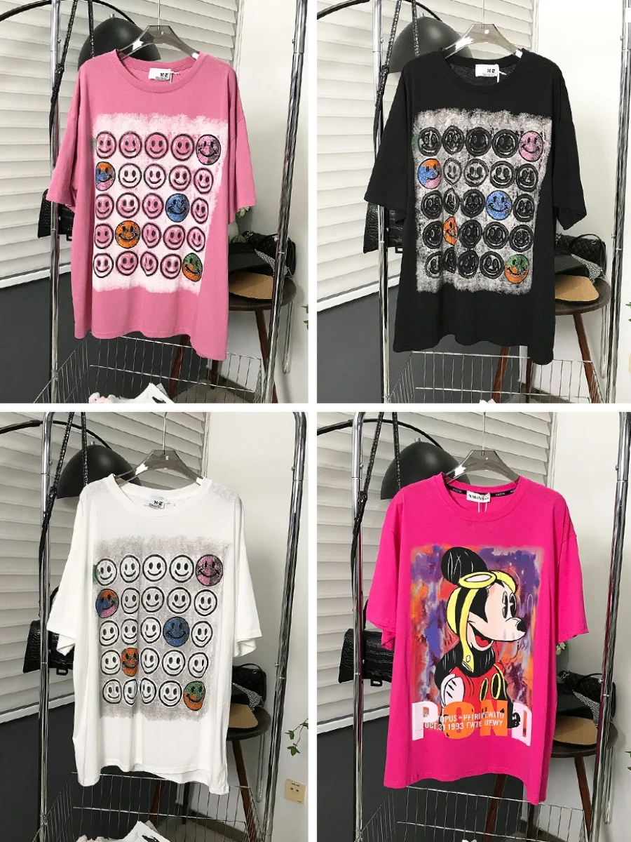 

Футболка свободного кроя с круглым вырезом и коротким рукавом, больших размеров, в уличном стиле, летняя, повседневная, из смесового хлопка, с блестящим принтом и мультяшным рисунком