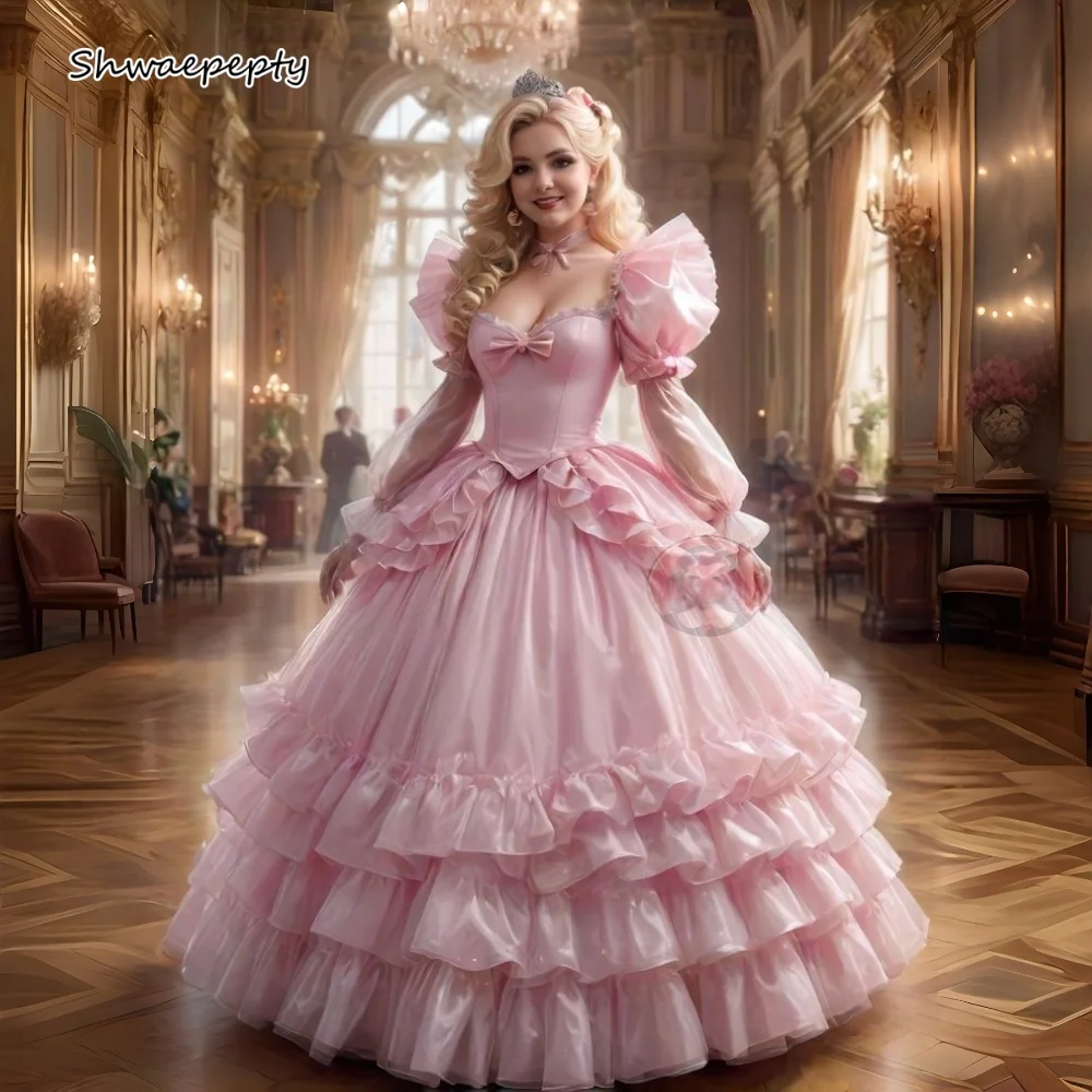 فستان حفلة موسيقية من عصر النهضة للأميرة في العصور الوسطى بأكمام منتفخة وكشكشة بطول الأرض ثوب حفلة وردي أحمر الخدود فساتين سهرة مخصصة