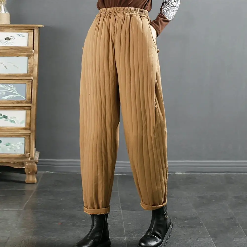 Women Casual Pants Windproof Elastic High Waist Loose Fit Thickened Sweatpants with Pockets Solid Color Casual Trousers