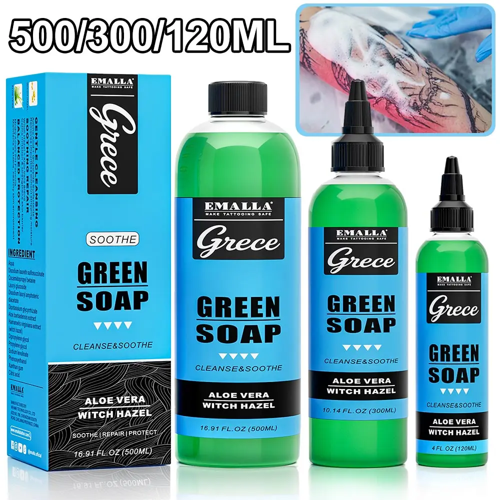 

500/300/120 мл EMALLA GRECE Зеленое мыло для татуировок, очищающий раствор для тату и пирсинга, для тату-салонов, мастеров и начинающих.