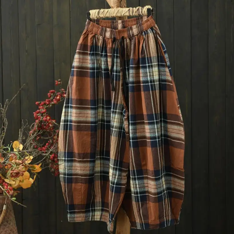 2026 Spring Summer New Arts Style Women Elastic Waist Loose Ankle-length Pants All-matched Casual Cotton Linen Plaid Harem Pants