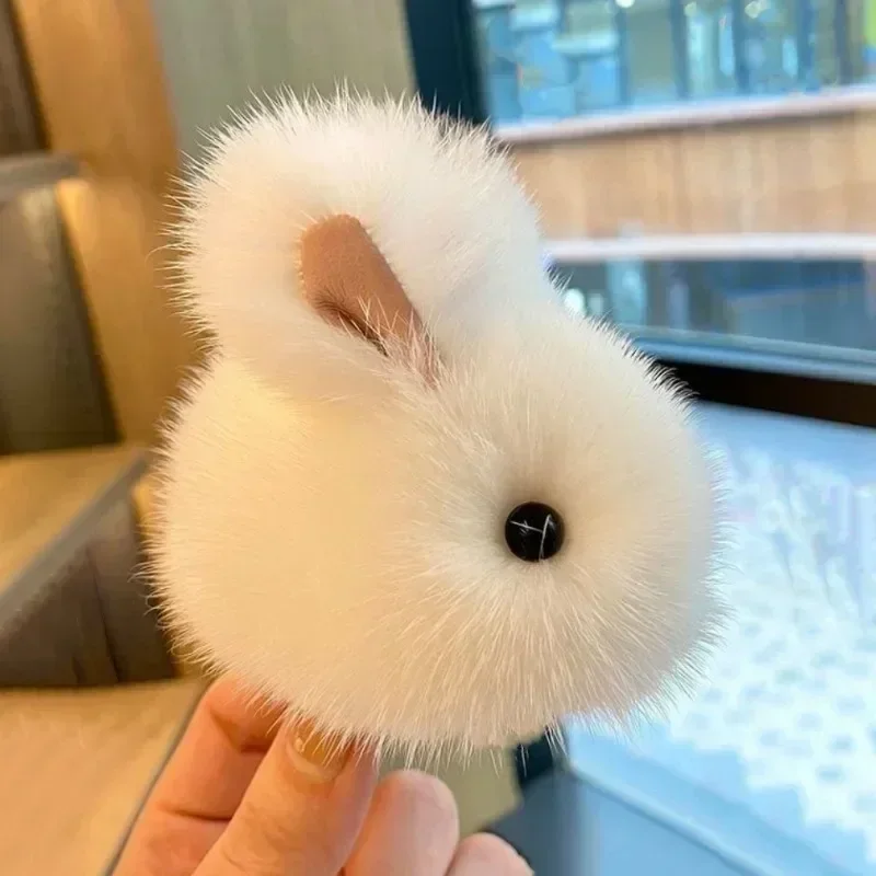 Rabbit Keychain Rings Fluffy Pompon Bunny Trinket Key Chain Charm Cute Key Ring on Bag Car Key Pendant White Grey Wholesale 2024