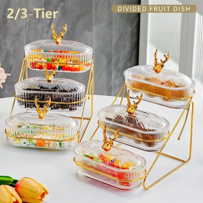 Plateau de service 3D élégant à 3 niveaux pour fruits secs et noix, avec couvercle élégant en forme d'élk, style nordique, pour fruits