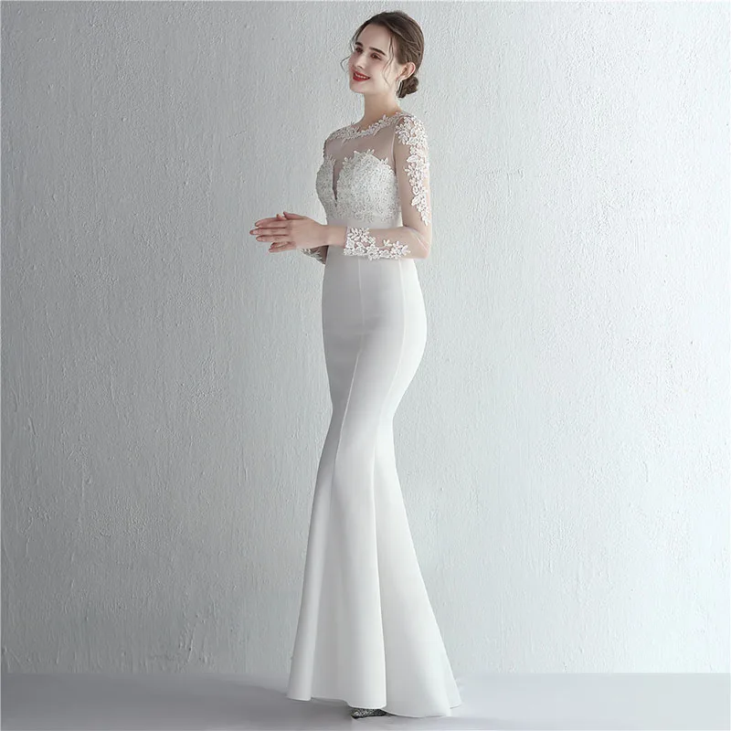 DongCMY Satin Pressed Diamond Lace Bridal Long Sleeve Modern Wedding Dress 2025 dinner Fishtail Elegant And Pretty Women's Gown