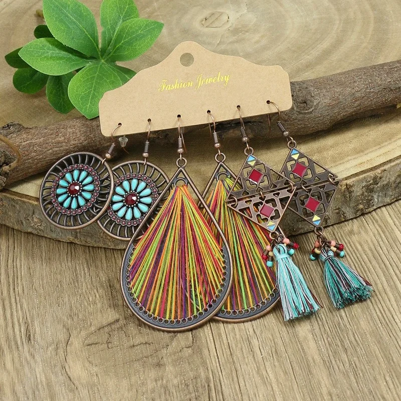 New Earring Set Female Retro Holiday Style Large Circle Earrings Boho Jewelry Pendientes Bohemian Fashion Tassel Accessories
