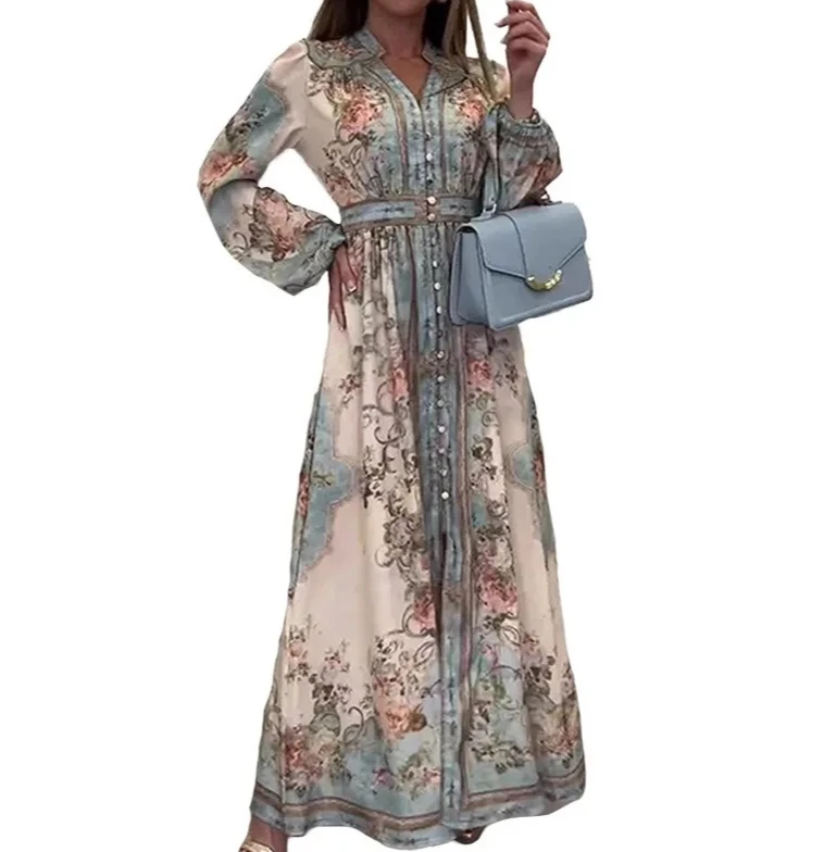 Abito lungo da sera da sera con stampa floreale retrò da donna, manica lunga a sbuffo, scollo a V, abbottonato, elegante abito lungo da festa