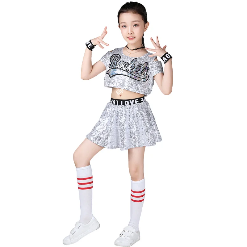 Kids Girls Boys Sequin Uniforms Outfit Cheerleader Clothing Crop Top & Skirt/ Shorts Set Street Dance Jazz Costumes