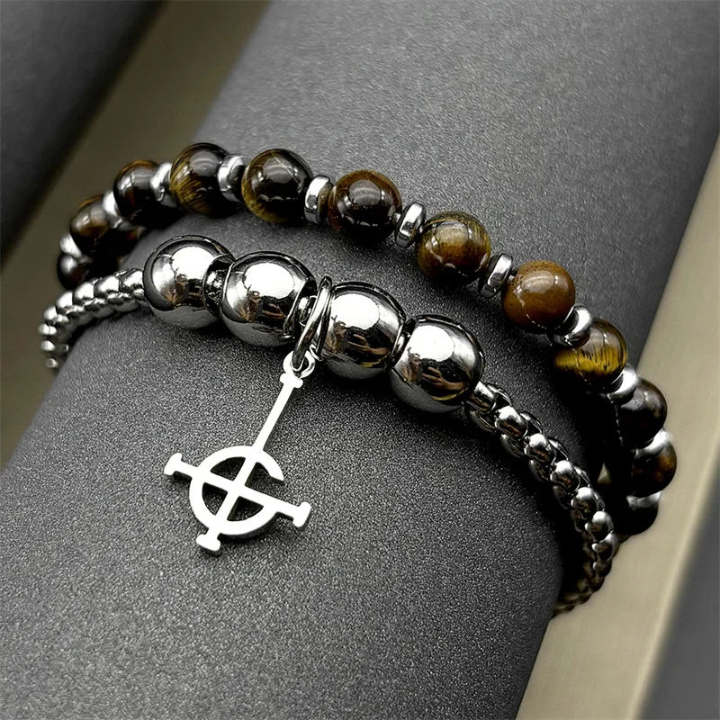 Goth Ghost BC Nameless Cross Bracelet for Women Men Stainless Steel Gold Color Ghost Band Tiger Eye Stone Hand Chain Jewelry