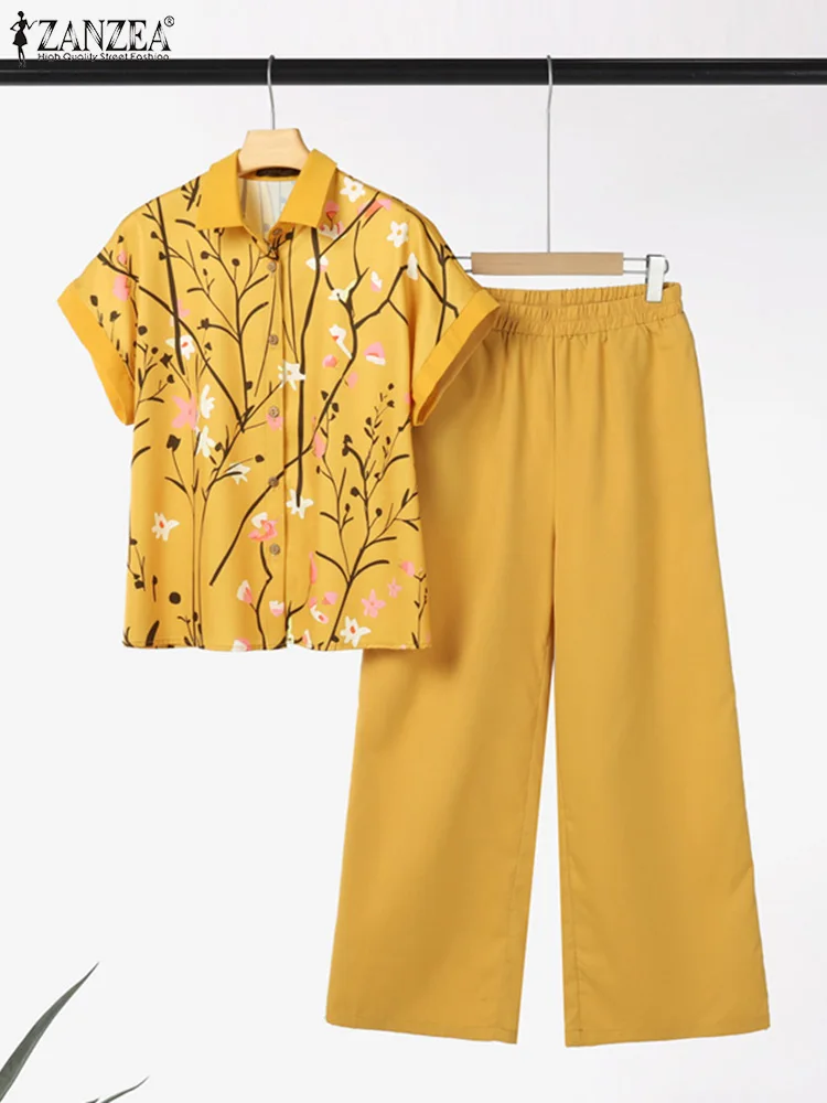 ZANZEA สั้น SeeveSets ผู้หญิงวินเทจพิมพ์เสื้อกางเกงขายาวชุด 2025 ฤดูร้อนชุดลําลอง Elegant OL ทํางานชุดการจับคู่