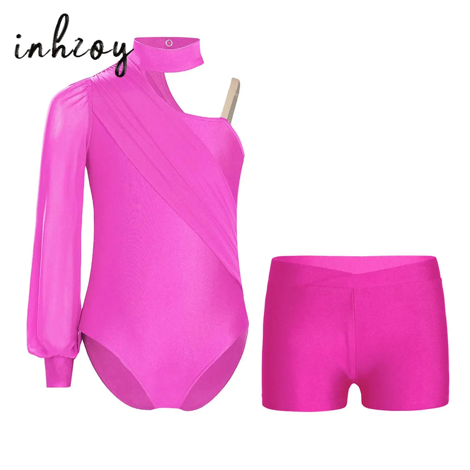 

Kids Girls Figure Skating Gymnastics Dance Outfit One Shoulder Long Sleeve Ruched Mesh Overlay Leotard+ Shorts Ballet Bodysuit