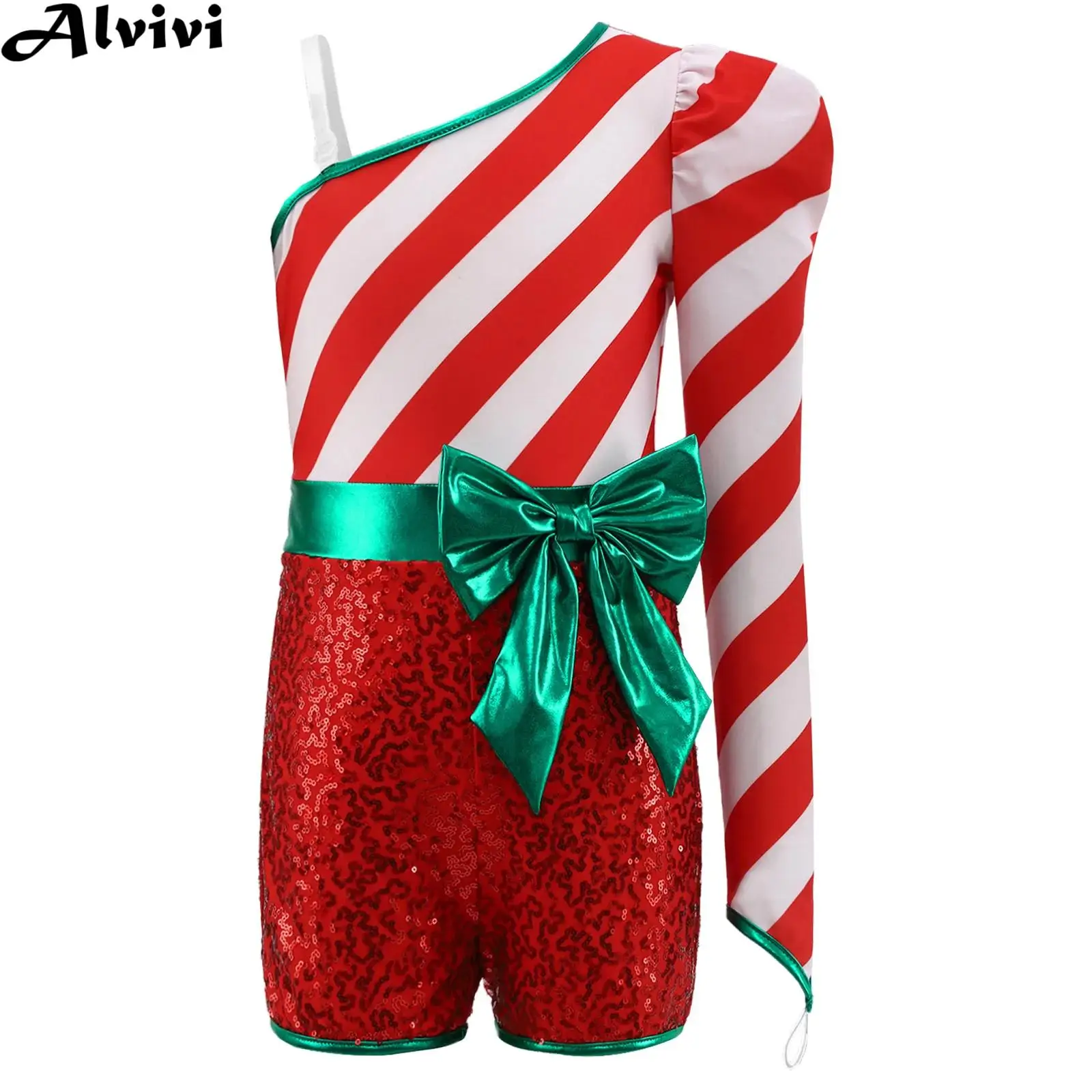Kids Girls Christmas Ballet Dance Gymnastics Leotard Sequins Striped Candy Cane Bodysuit Xmas Elf Santa Helper Cosplay Costume