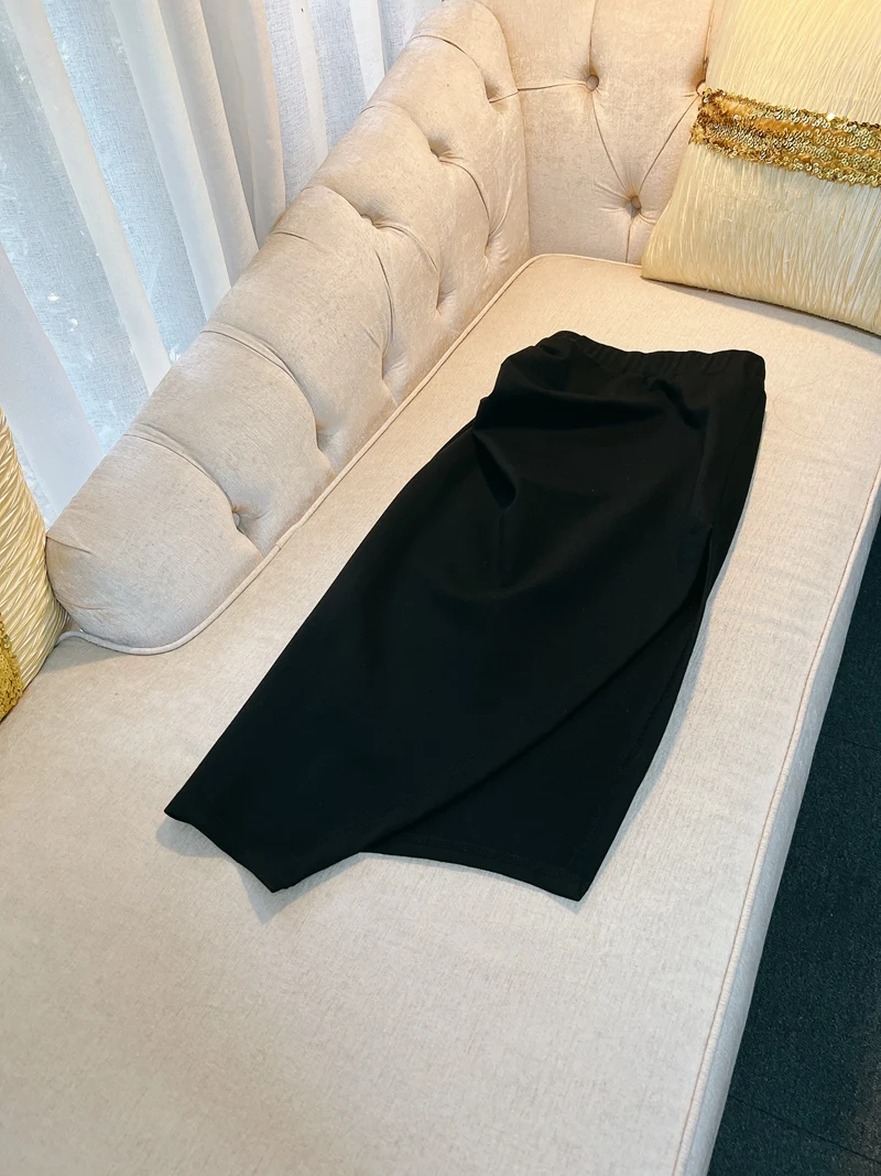 

Ele с высокой талией, черная плиссированная юбка-миди с асимметричным подолом, женская модная дизайнерская юбка, простая, но сложенная трапеция...