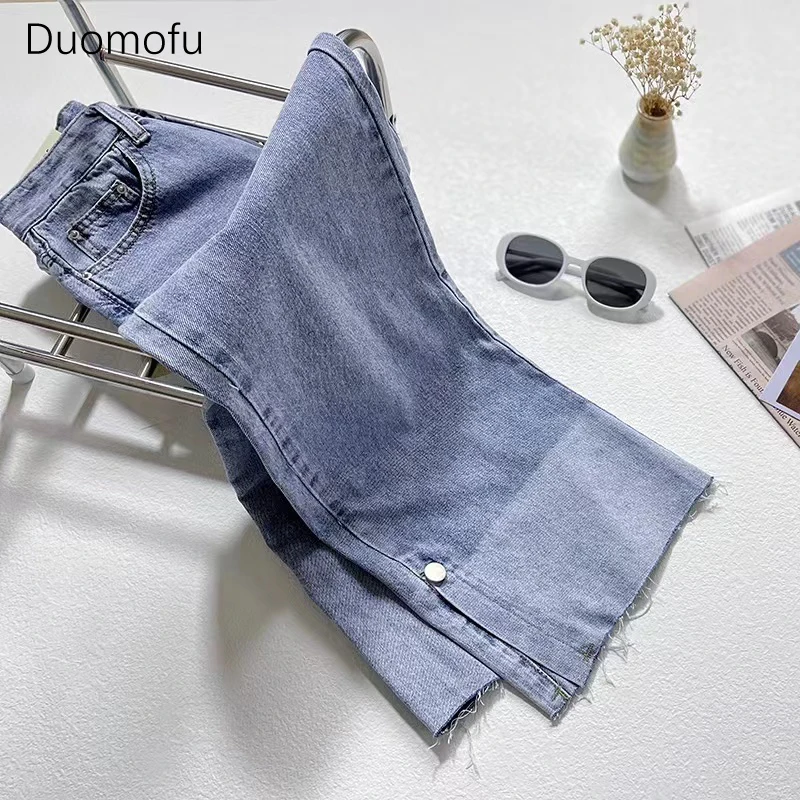 Duomofu Été Chicly Split Basique Taille Haute Slim Femme Jeans Bleu Clair Aadt Droit Mode Simple Décontracté S-2XL Femmes Jeans