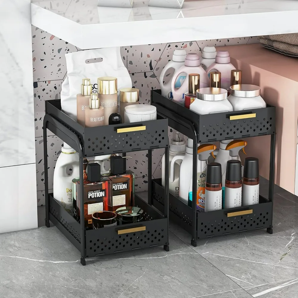 【2 Pack 2 Tier】 Under Sink Organizer and Storage, Farmhouse Under Counter Storage for Kitchen, Sliding Basket Organizer, Black