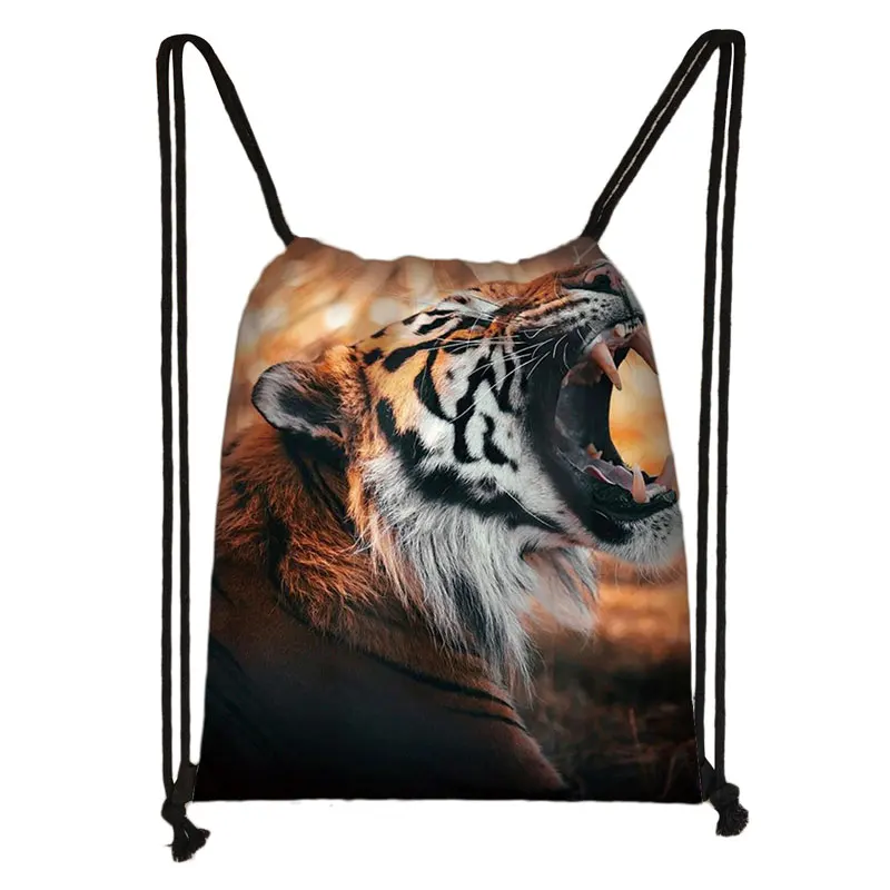 Animal Lion Tiger Leopard Print Drawstring Bag Woman Men Backpack Casual Shoulder Bag for Travel Large Storage Book Bags Gift