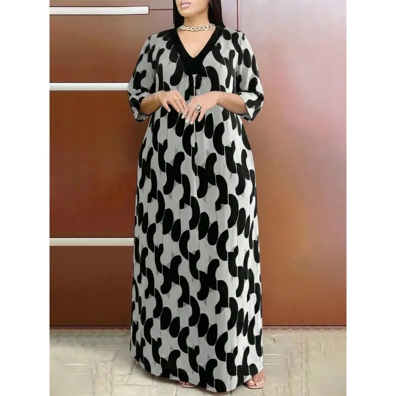 Spring Summer Fashion Loose Print Tassel Dress African Women Casual V-neck Bat Sleeve Loose Tassel Long Dress Women