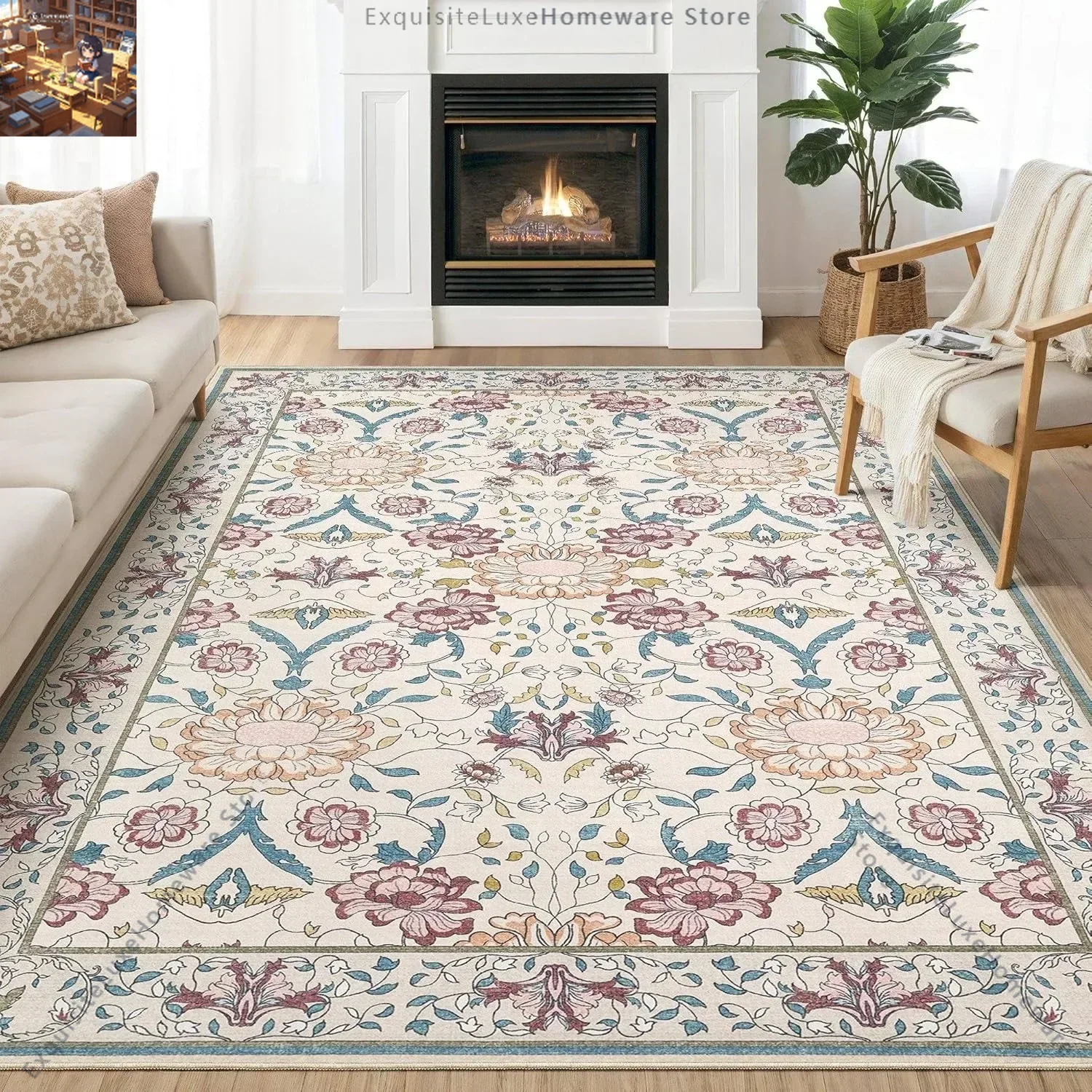 

Living Room Carpet Bedroom Bedside Floor Mat TRP Bottom Non-slip Rug Large Area Retro Floral Bohemia Style Home Decoration Rugs